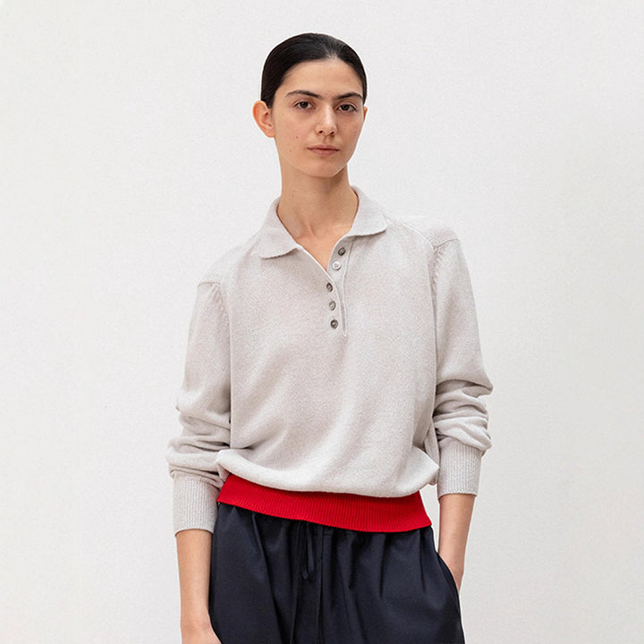 Femme pull en tricot décontracté avec col polo et ourlet contrastant Chic & Stil