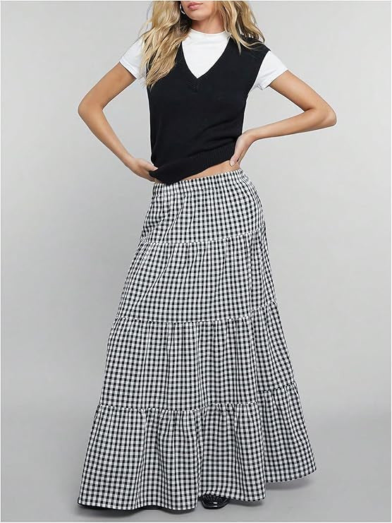 Ladies Maxi Skirt with Sophisticated Checkered Pattern Lune London