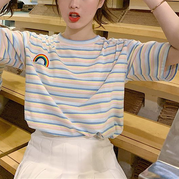 Women's striped T-shirt with colorful rainbow patch Lune London