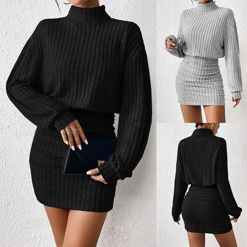 Knit dress for women with high collar and ribbed texture Lune London