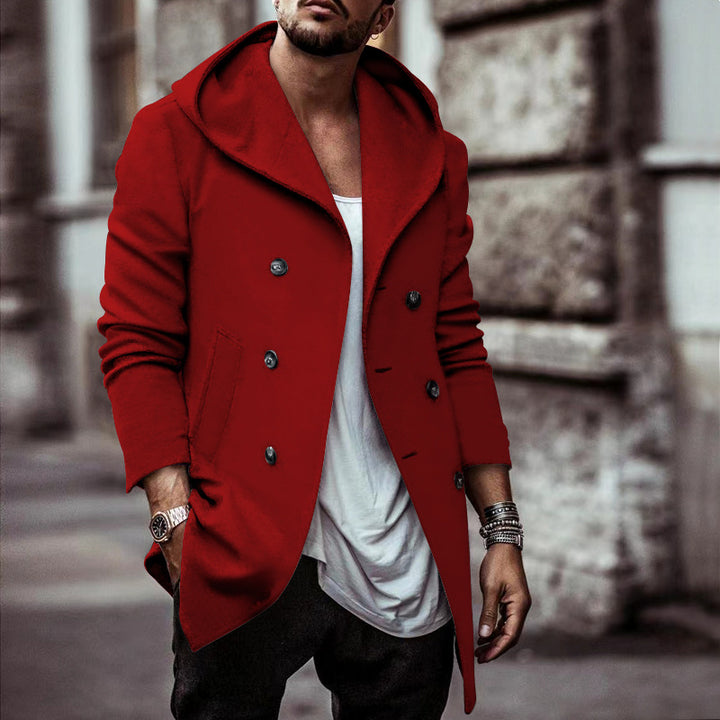 Elegant men's hoodie coat with double row of buttons and wide collar Lune London
