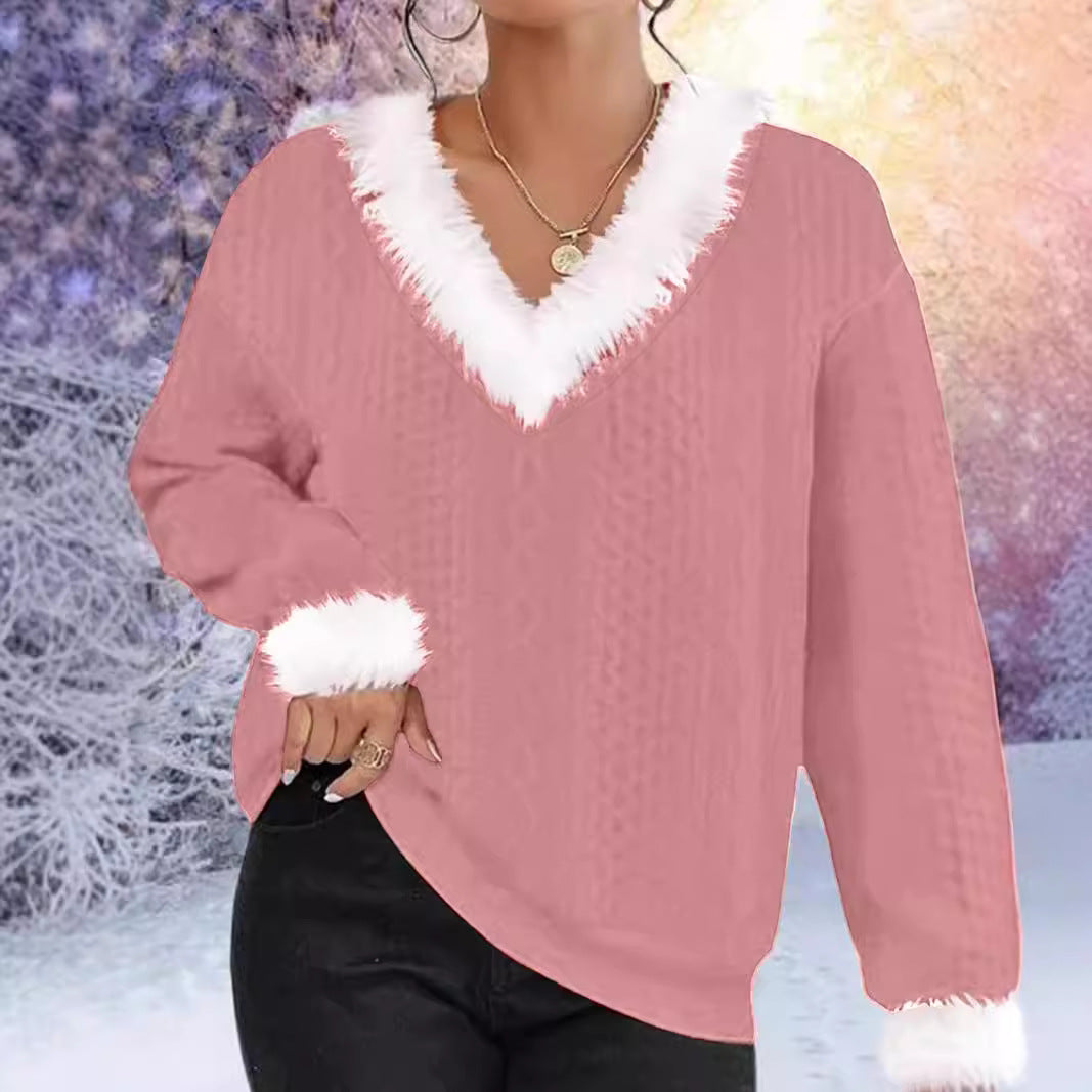 Sweater en tricot pour femmes avec décolleté en V et bord en fausse fourrure contrastant Chic & Stil
