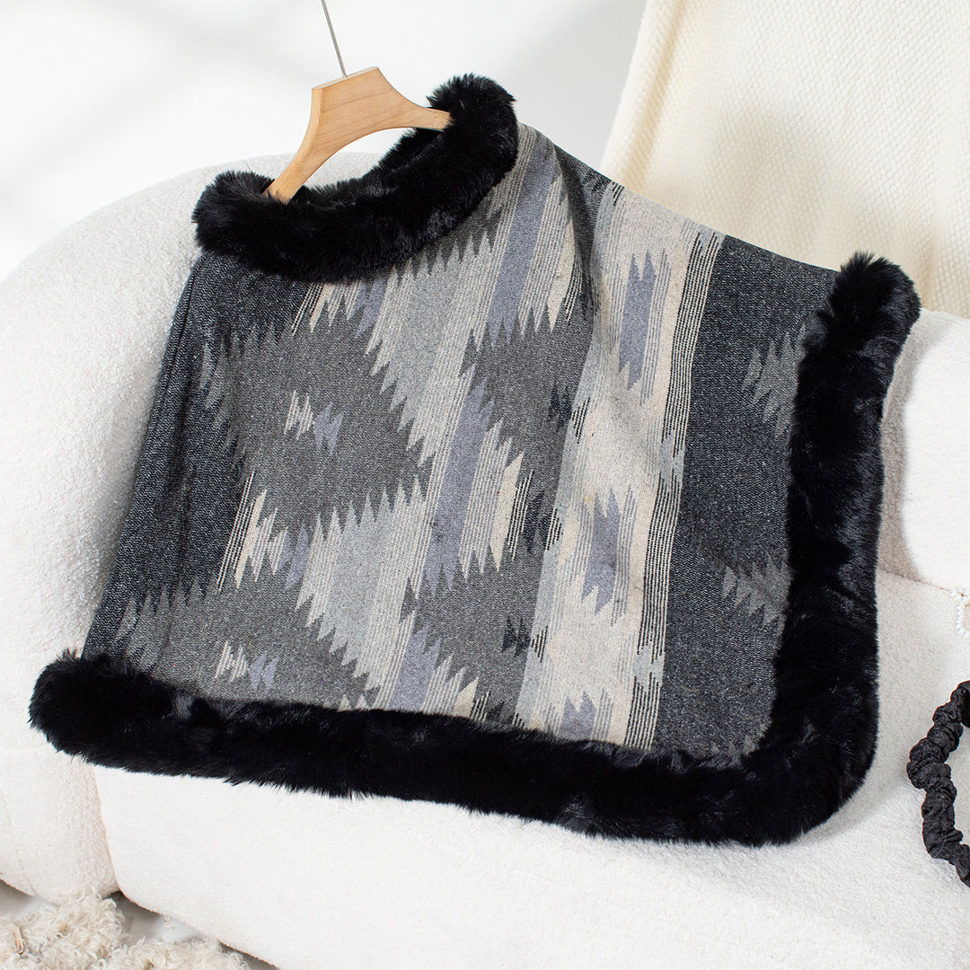 Women's plush sweater with high-quality faux fur trim and geometric pattern Lune London