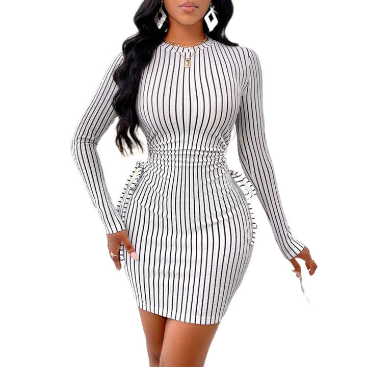 Fitted dress for women with gathers and striped pattern Lune London