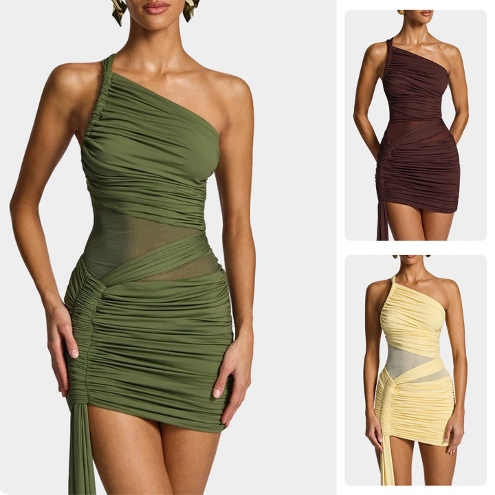 Ladies Elegant One-Shoulder Mini Dress with Sophisticated Draping Design and Flowing Skirt Lune London