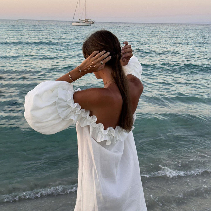 Summer maxi dress for women with ruffle details and a high slit Lune London