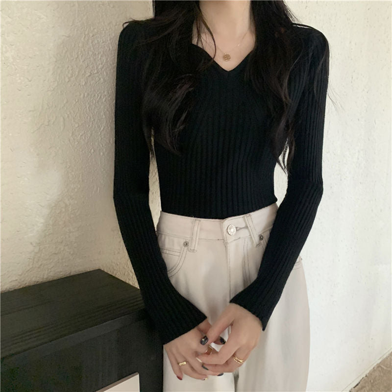 Pull en maille fine pour femmes en V avec structure côtelée Chic & Stil