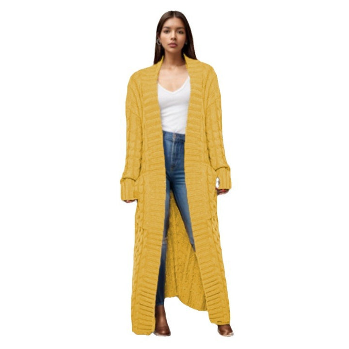 Ladies Long knit cardigan with structured twisted pattern and practical pockets Lune London