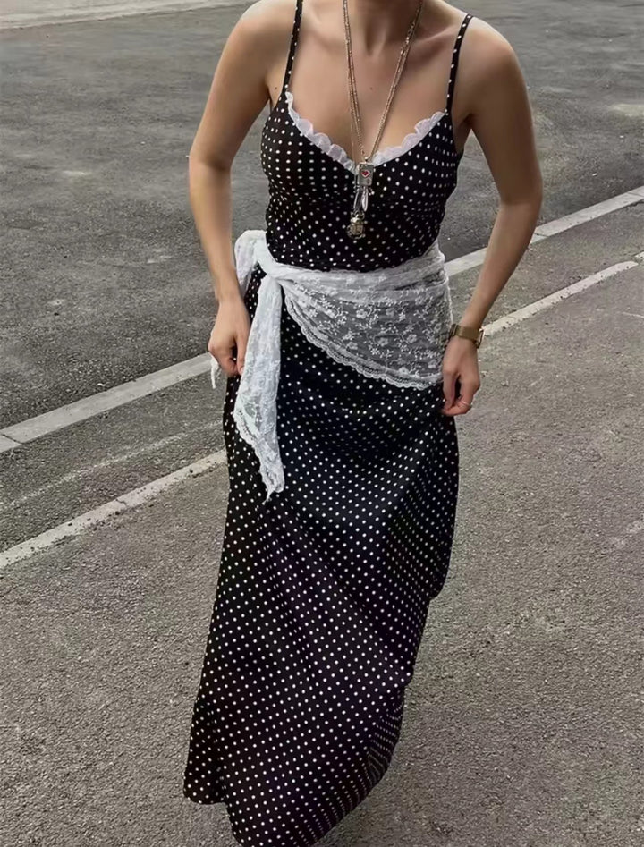 Maxi dress for women with polka dots and an elegant lace ornament Lune London