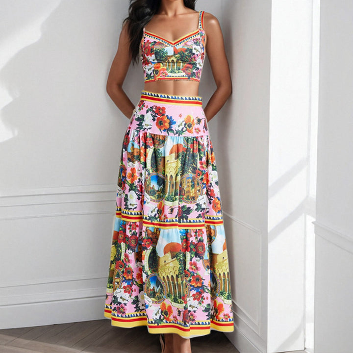 Ensemble floral à deux pièces pour femmes avec détails en dentelle et volants Chic & Stil