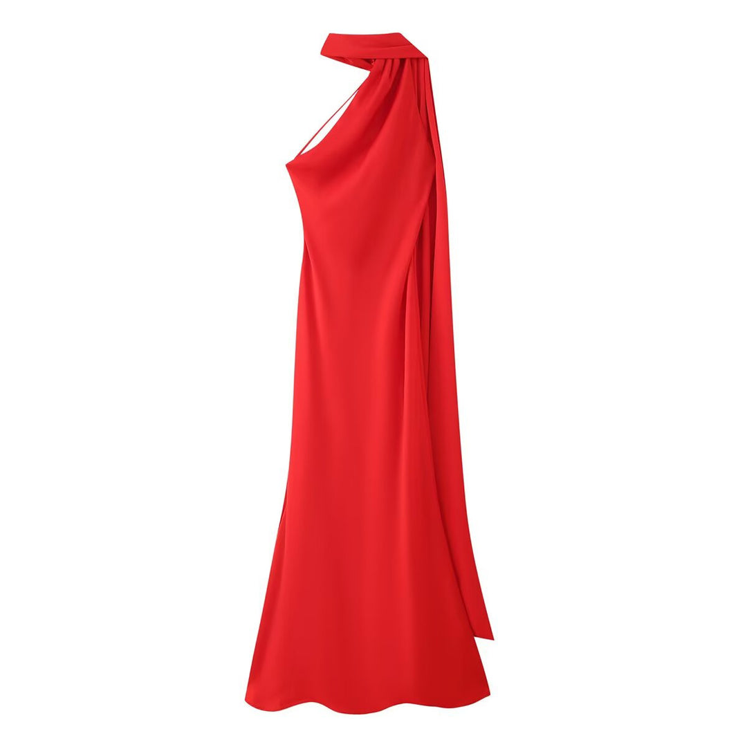 Ladies Elegant Maxi Dress with Asymmetric Cut and Chic Gathering Lune London