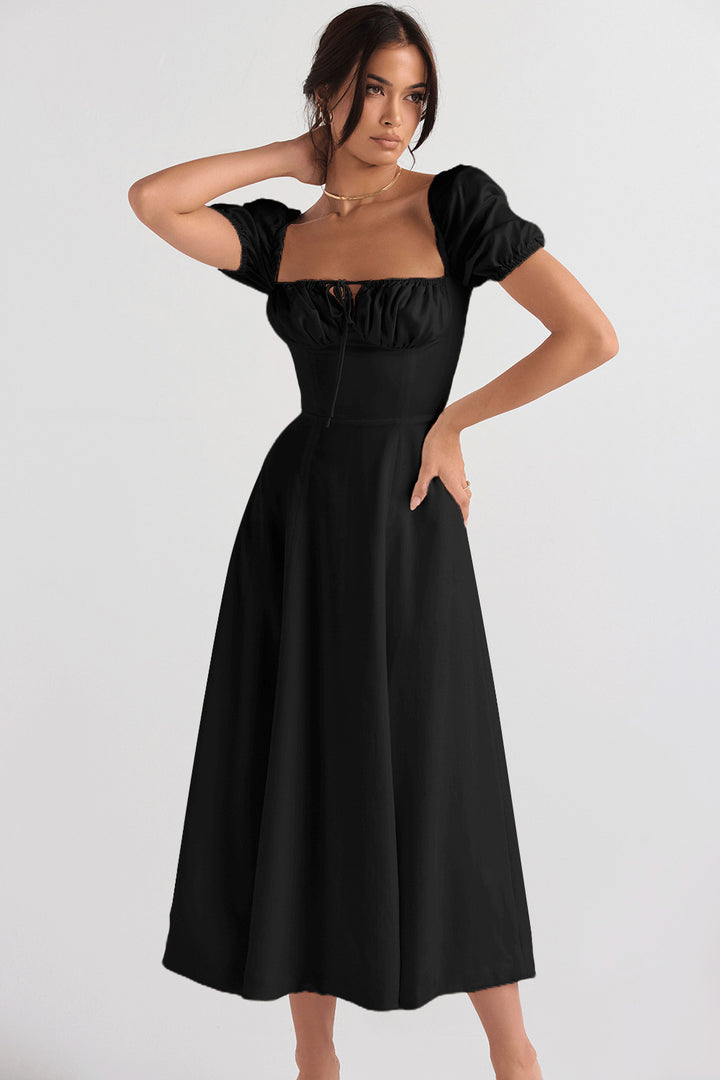 Elegant Midi Dress for Women with Puff Sleeves and Chic Refined Neckline & Style
