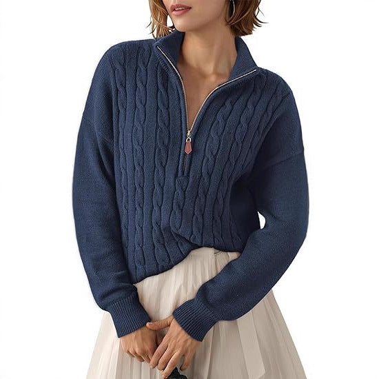 Chunky knit sweater for women with high collar and half-zip Lune London