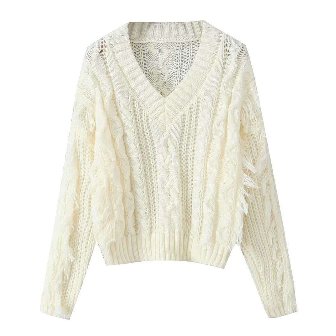 Pull en maille épaisse pour femme avec décolleté en V profond et franges Chic & Stil