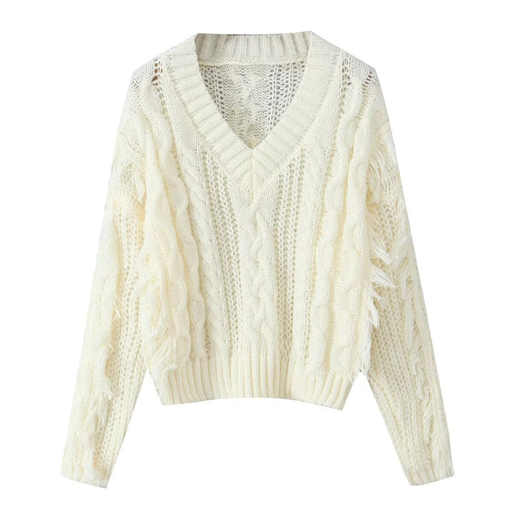 Pull en maille épaisse pour femme avec décolleté en V profond et franges Chic & Stil