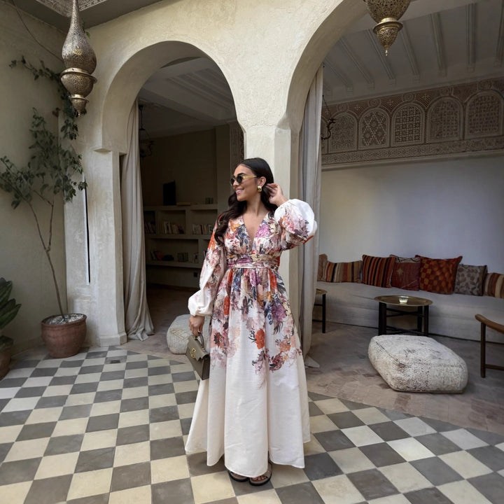 Maxi dress for women with floral patterns and refined gathering elements Lune London