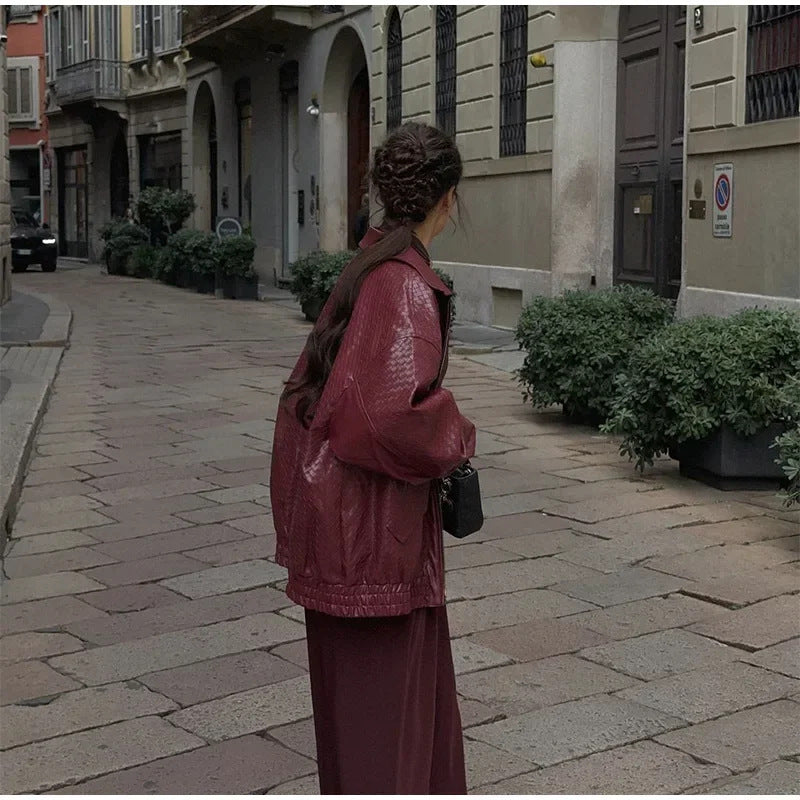 Faux leather bomber jacket for women with structured design and elastic waist Lune London