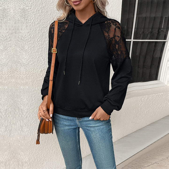 Hooded sweatshirt for women with elegant lace sleeves and a chic casual fit