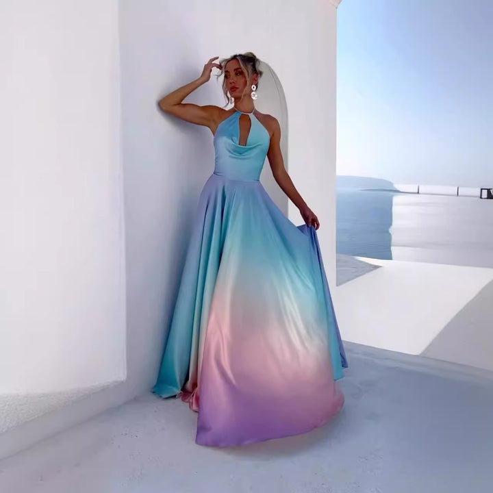 Women's A-line maxi dress with deep keyhole neckline and shimmering fabric