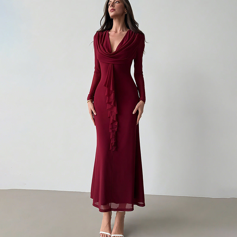 Elegant maxi dress for women with deep V-neckline and ruffle detail Lune London
