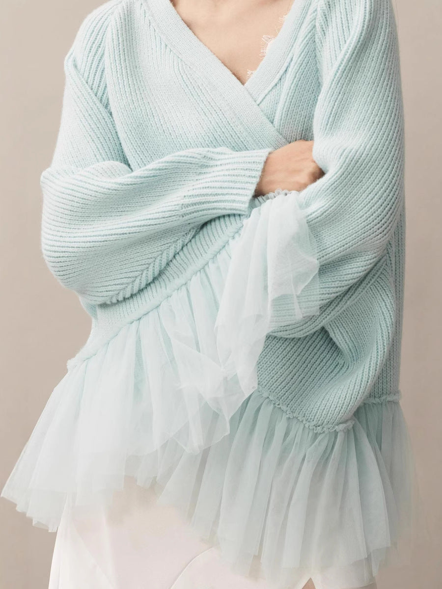 Casual knitted sweater for women with tulle hem Lune London