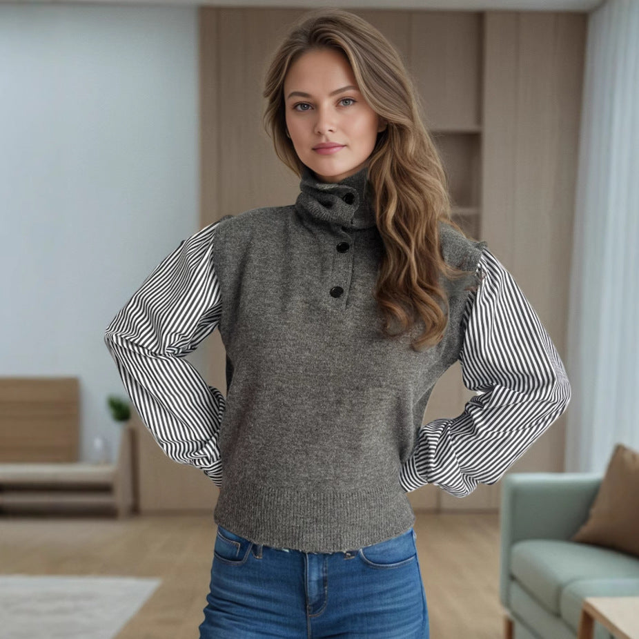 Pull en tricot pour femmes avec des manches bouffantes élégantes et un col montant moderne Chic & Stil