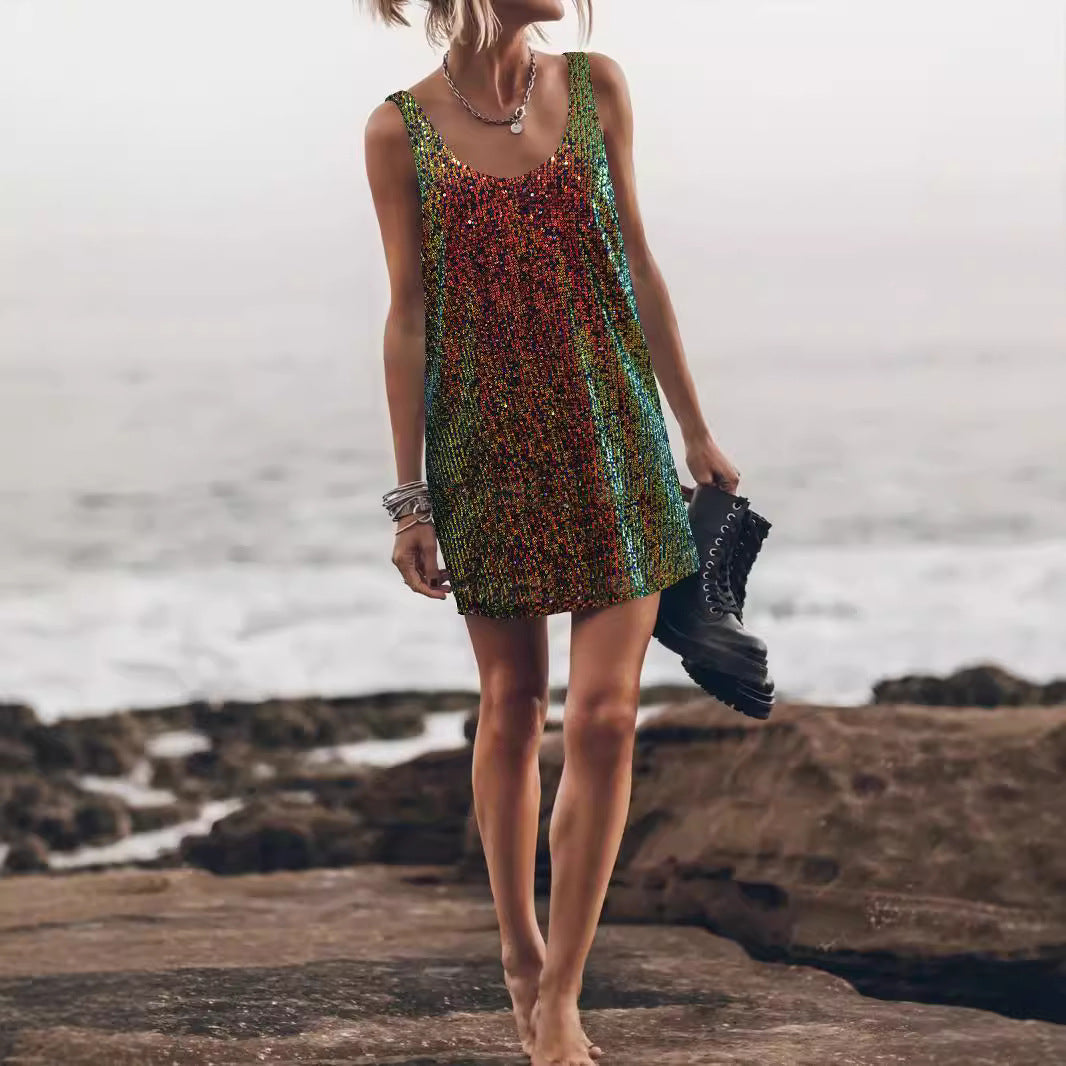 Women Glittering Mini Dress with Shimmering Sequin Fabric and Casual Cut Lune London