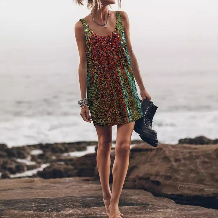 Women Glittering Mini Dress with Shimmering Sequin Fabric and Casual Cut Lune London