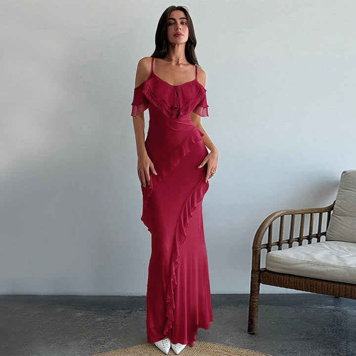Women's elegant maxi dress with asymmetric ruffle design