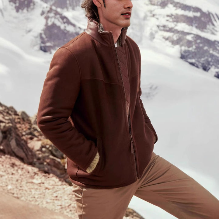 Men's Robust Leather Jacket with Quilted Details and High Collar Lune London