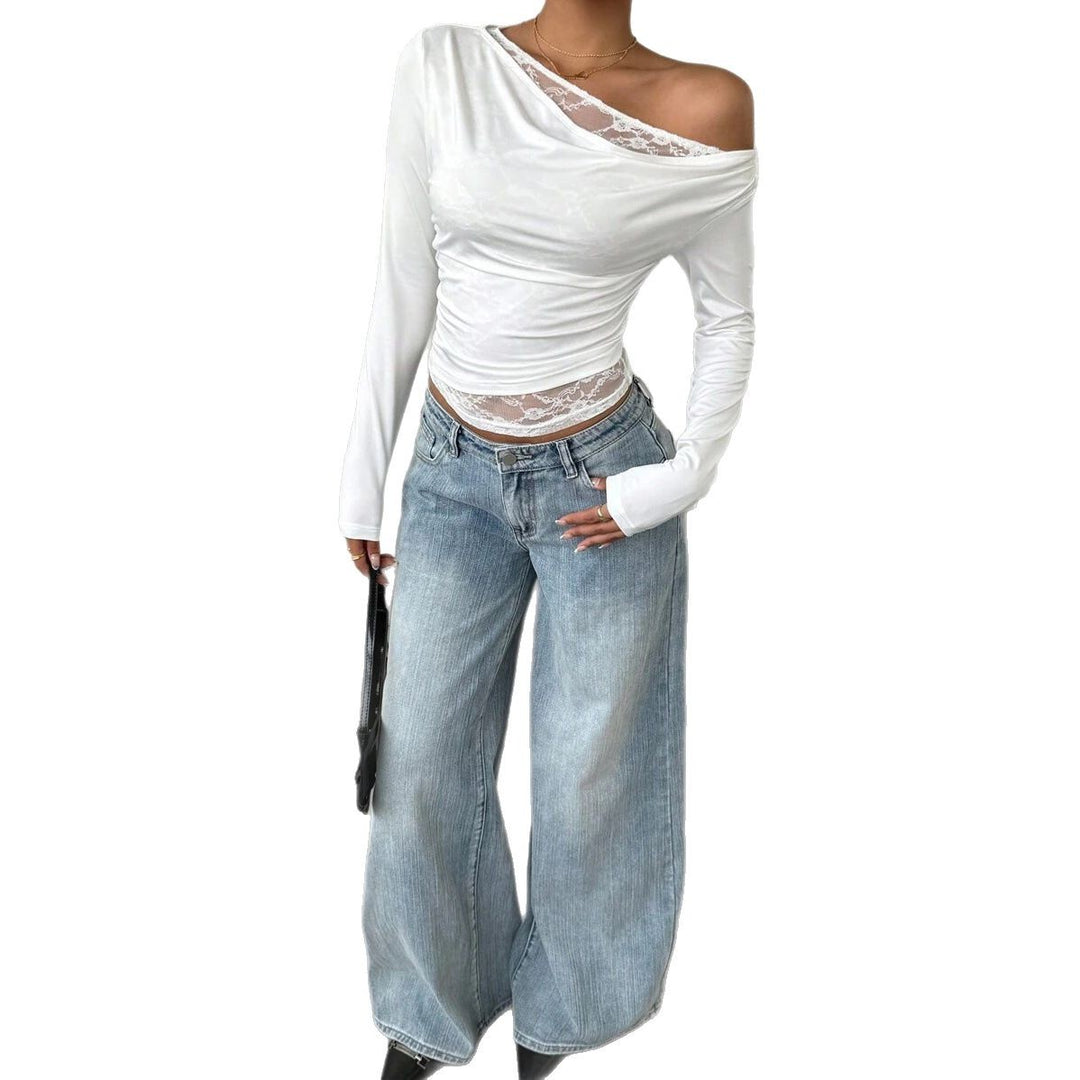 Casual long-sleeve t-shirt for women with asymmetric neckline and transparent details Lune London