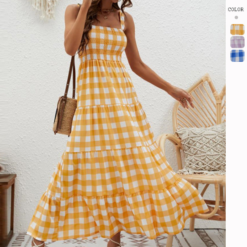 Chic & Stil Women's Airy Maxi Dress with Checkered Pattern and Elastic Bodice