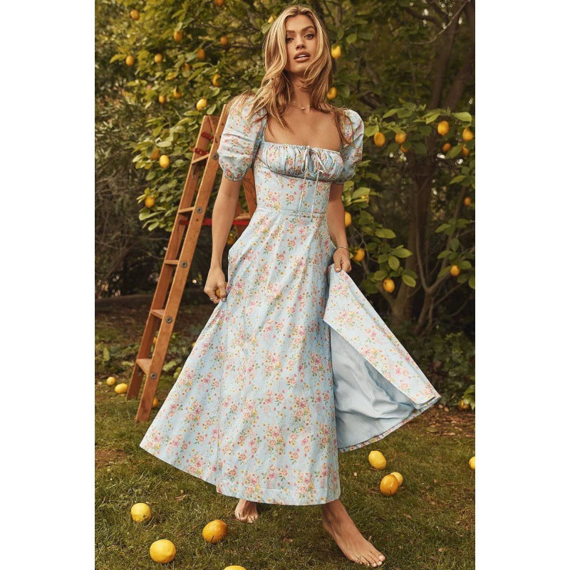 Chic Floral Patterned Puff Sleeve Midi Dress for Women