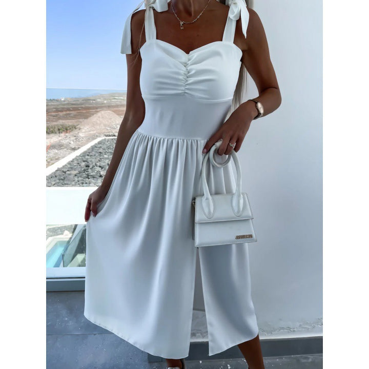 A-line midi dress for women with bow straps Lune London