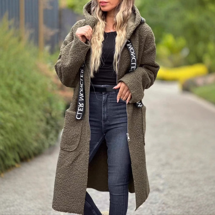 Long fleece coat for women with hood and convenient pockets Lune London