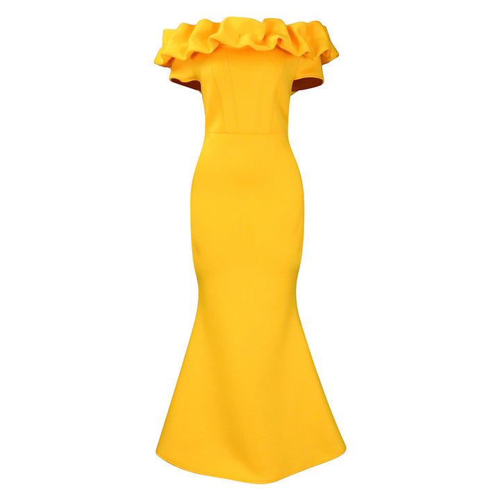 Fitted evening dress for women with voluminous ruffle collar Lune London
