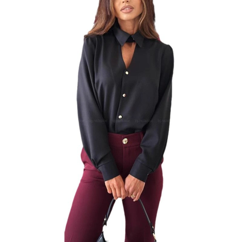 Ladies Elegant blouse with chic collar and decorative buttons Lune London
