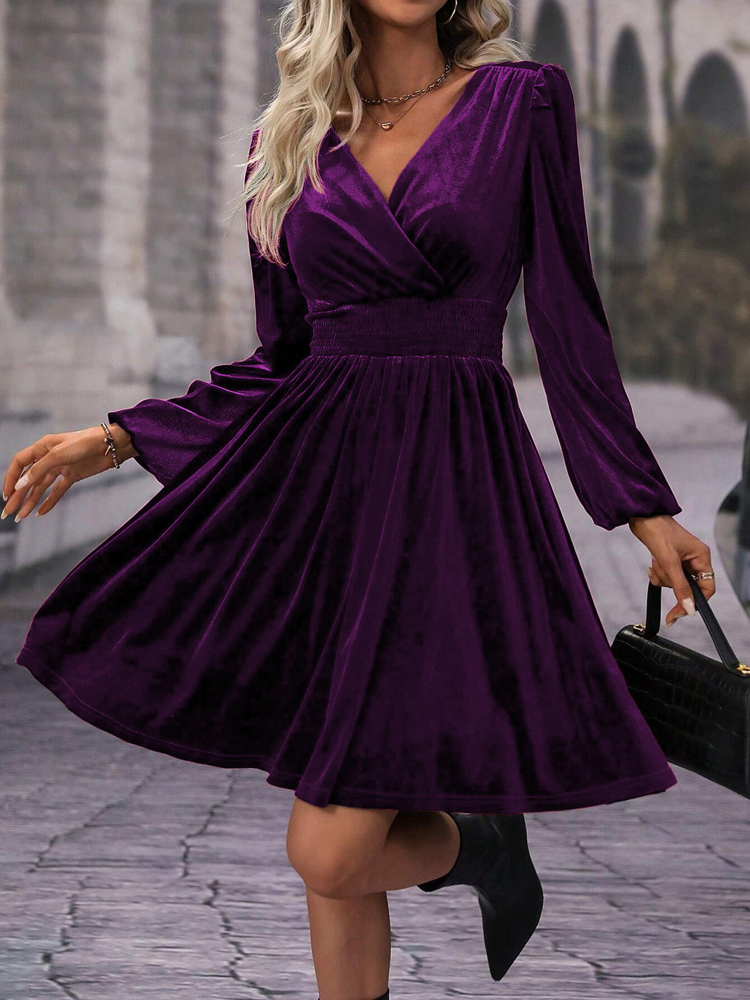 Skater dress for women with elegant gathers and V neckline Lune London