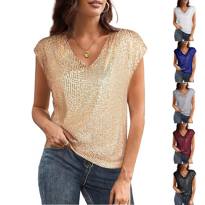 Women Sparkling V-Neck Top with Sequins Lune London