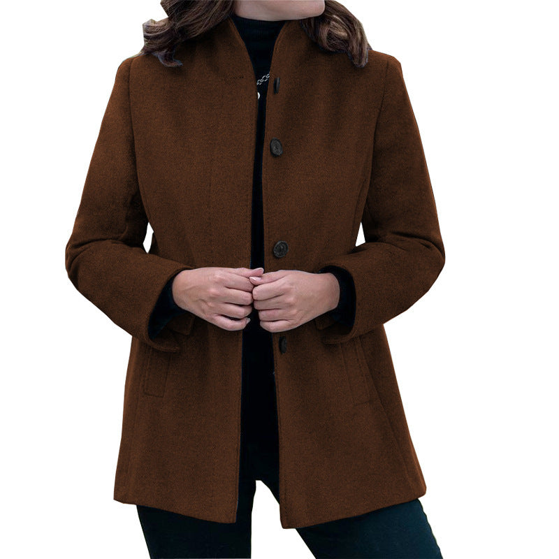 Women's stylish wool coat with modern high collar and practical pockets Lune London