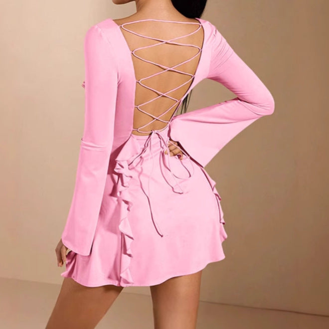 Elegant ruffled dress for women with deep neckline and long sleeves Lune London