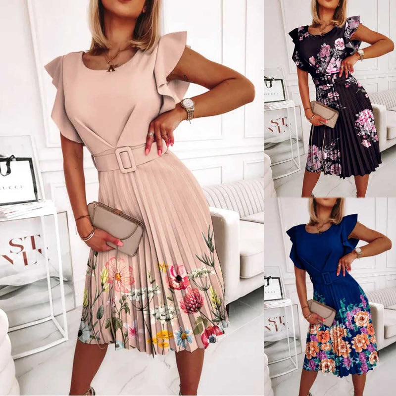 Midi dress for women with pleats and floral accents as well as a fitted belt Lune London