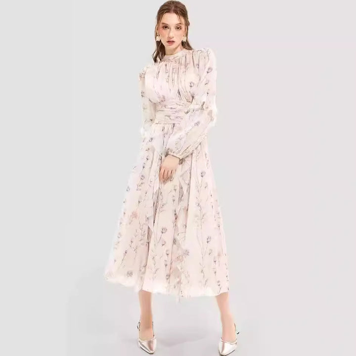 Women's midi dress with floral embroidery and elegant ruffled hem Lune London