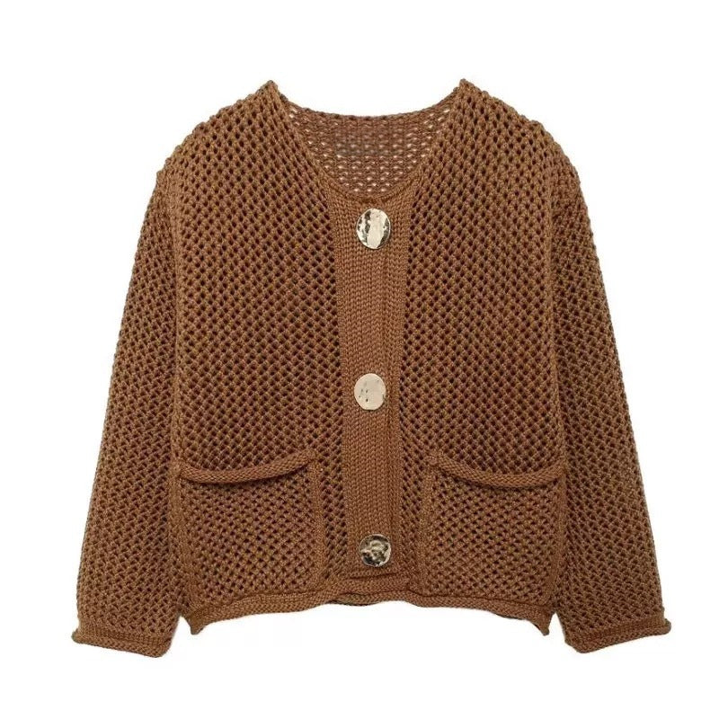 Cardigan pour femmes avec structure en mesh et grands détails de bouton Chic & Stil