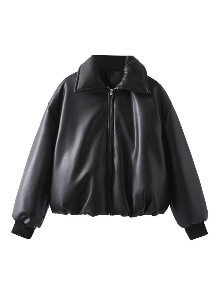 Fashionable faux leather jacket for women with elastic waist and high collar Lune London