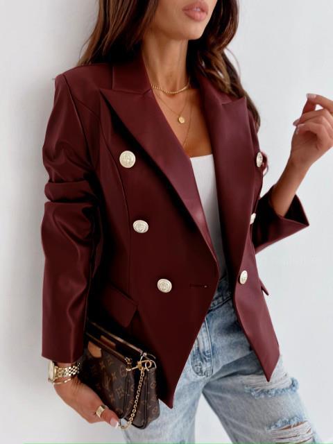 Elegant faux leather blazer for women with double row of buttons Lune London