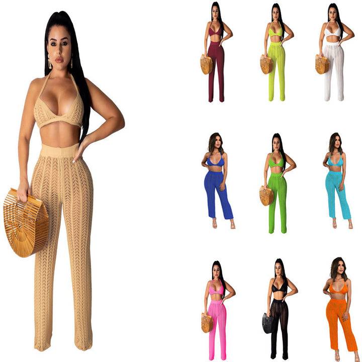 Womens knit set with high waist pants and minimalist top Lune London