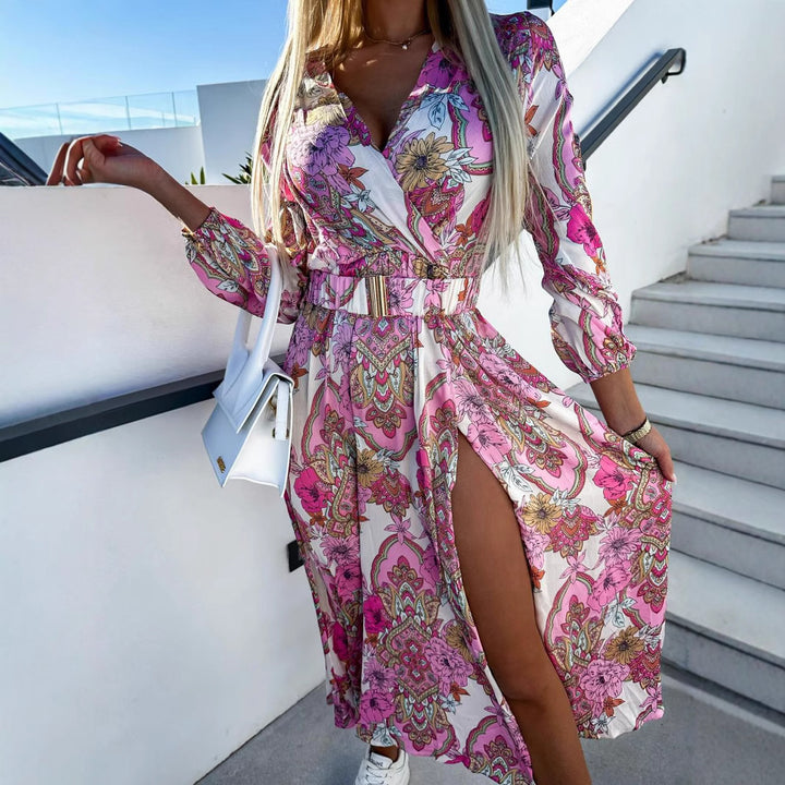 Colorful silk maxi dress for women with a high slit and a belt Lune London