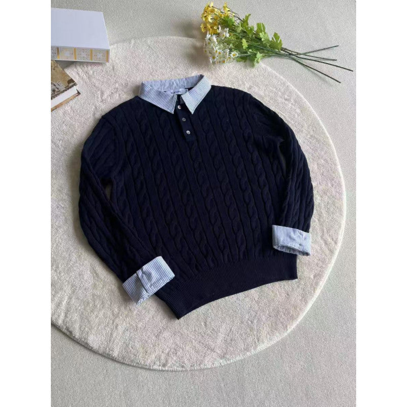Knitted sweater for women with decorative braided pattern and high collar Lune London
