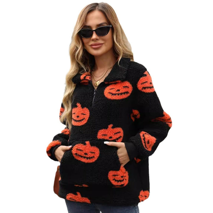 Women’s plush sweater with Halloween pattern and handy pockets Lune London